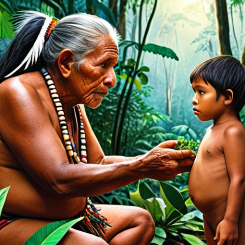 Home 11 **A vibrant and colorful illustration depicting an Indigenous elder teaching a young child about medicinal plants in the Amazon rainforest. The scene should emphasize the deep connection between Indigenous spirituality and the natural world, with lush vegetation and a sense of reverence.**