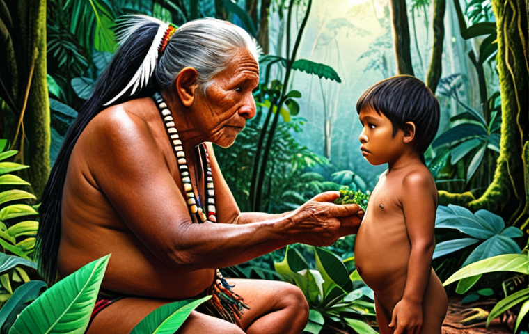 **A vibrant and colorful illustration depicting an Indigenous elder teaching a young child about medicinal plants in the Amazon rainforest. The scene should emphasize the deep connection between Indigenous spirituality and the natural world, with lush vegetation and a sense of reverence.**