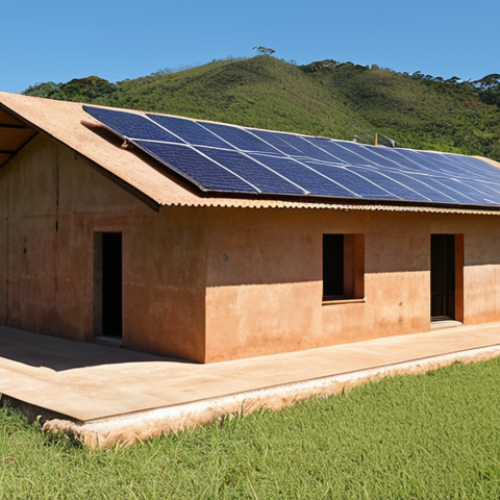 Home 6 A house built with rammed earth (taipa de pilão) under a clear blue sky in the Brazilian countryside, showcasing its natural texture and integration with the landscape, solar panels on the roof, green surroundings.