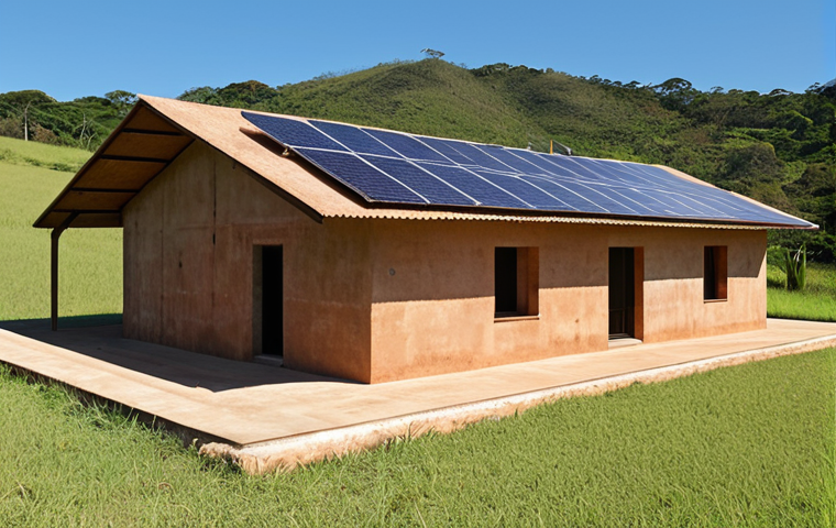 A house built with rammed earth (taipa de pilão) under a clear blue sky in the Brazilian countryside, showcasing its natural texture and integration with the landscape, solar panels on the roof, green surroundings.
