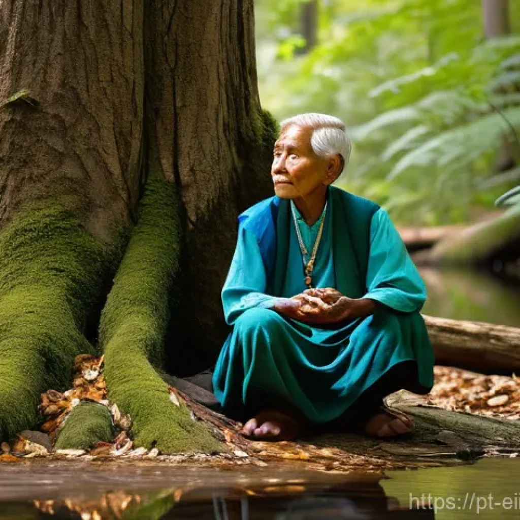 원주민 생태지혜를 통해 배우는 지속 가능한 생활 - **Ancestral Connection in Nature:** A serene image of an Indigenous elder with gentle, wise features...