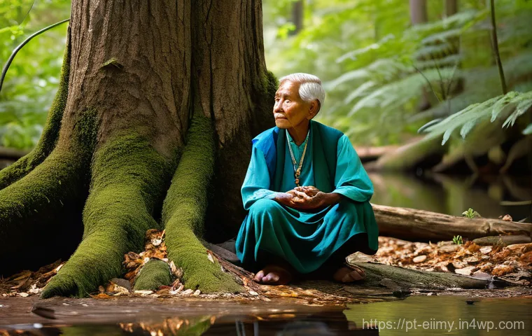 원주민 생태지혜를 통해 배우는 지속 가능한 생활 - **Ancestral Connection in Nature:** A serene image of an Indigenous elder with gentle, wise features...