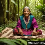 Home 22 원주민 생태지혜의 보호 및 전파 방안 - **Prompt:** "A wise and serene indigenous elder, a woman with a kind smile and traditional face pain...