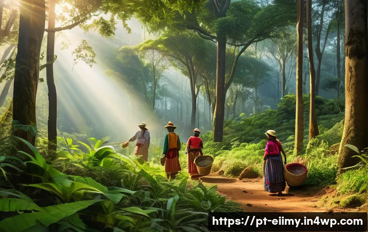 원주민 생태지혜와 생태적 전환 - A serene indigenous forest scene illustrating sustainable forest management: Indigenous men and wome...