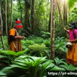 Home 20 원주민 생태지혜와 환경 교육 - A vibrant indigenous community engaged in traditional sustainable forest management, featuring men a...