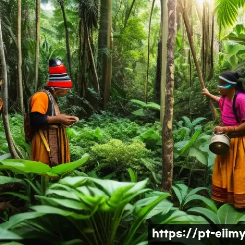 Home 32 원주민 생태지혜와 환경 교육 - A vibrant indigenous community engaged in traditional sustainable forest management, featuring men a...