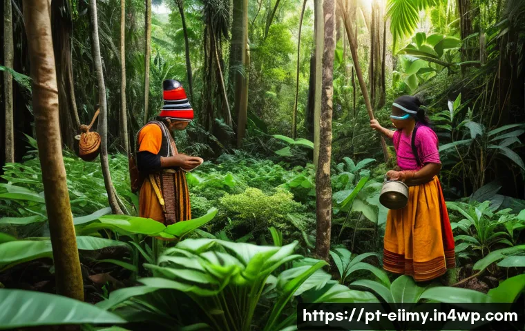 원주민 생태지혜와 환경 교육 - A vibrant indigenous community engaged in traditional sustainable forest management, featuring men a...