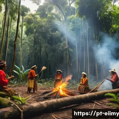 Home 31 원주민 생태지혜와 법적 보호 방안 - A detailed scene depicting an indigenous Amazonian community performing a controlled fire practice i...