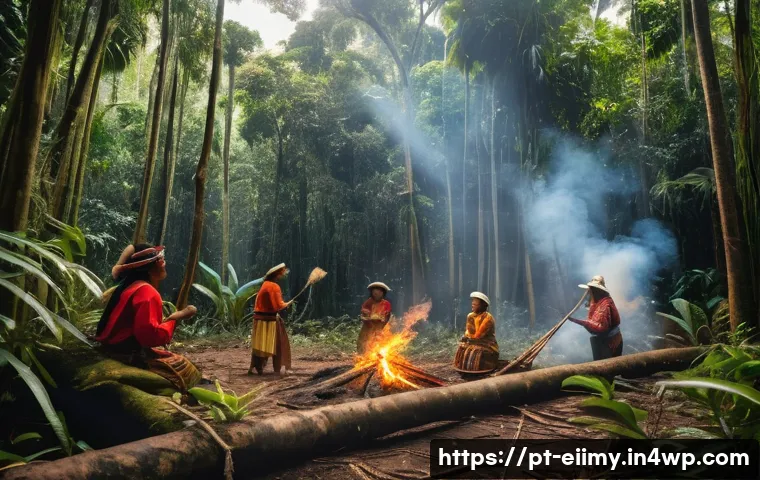원주민 생태지혜와 법적 보호 방안 - A detailed scene depicting an indigenous Amazonian community performing a controlled fire practice i...