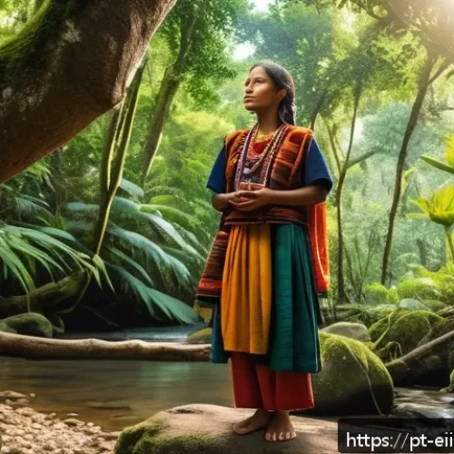 Home 30 원주민 생태지혜와 자아 발견 - A serene indigenous woman dressed in traditional sustainable clothing, standing barefoot in a lush, ...