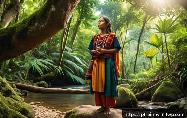 원주민 생태지혜와 자아 발견 - A serene indigenous woman dressed in traditional sustainable clothing, standing barefoot in a lush, ...