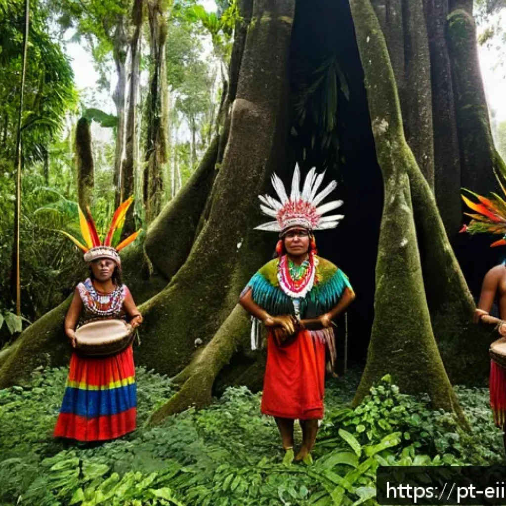 원주민 생태지혜의 상생 원칙 - A vibrant indigenous community ceremony in the Amazon rainforest, with men and women dressed in trad...
