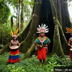 Home 23 원주민 생태지혜의 상생 원칙 - A vibrant indigenous community ceremony in the Amazon rainforest, with men and women dressed in trad...