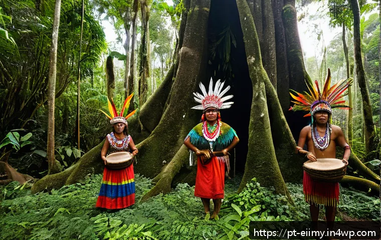 원주민 생태지혜의 상생 원칙 - A vibrant indigenous community ceremony in the Amazon rainforest, with men and women dressed in trad...
