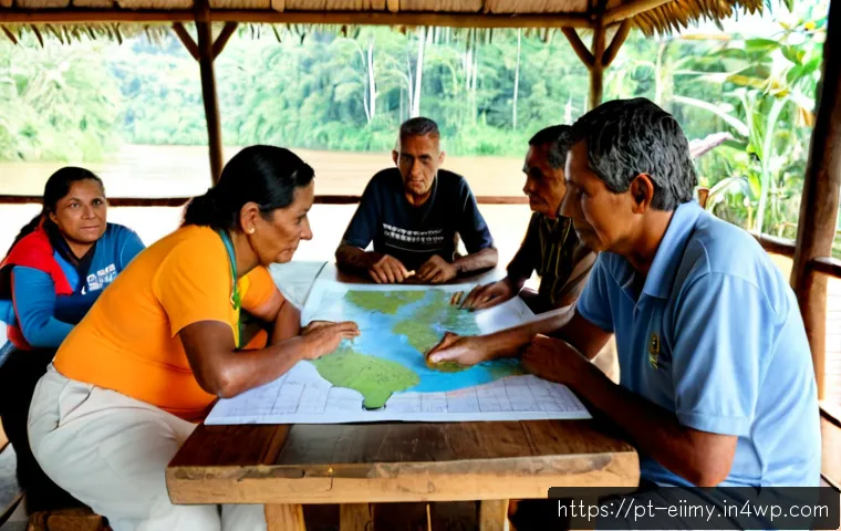 원주민 생태지혜와 공공 정책 - Photorealistic community policy meeting in the Brazilian Amazon, Indigenous elders in culturally res...