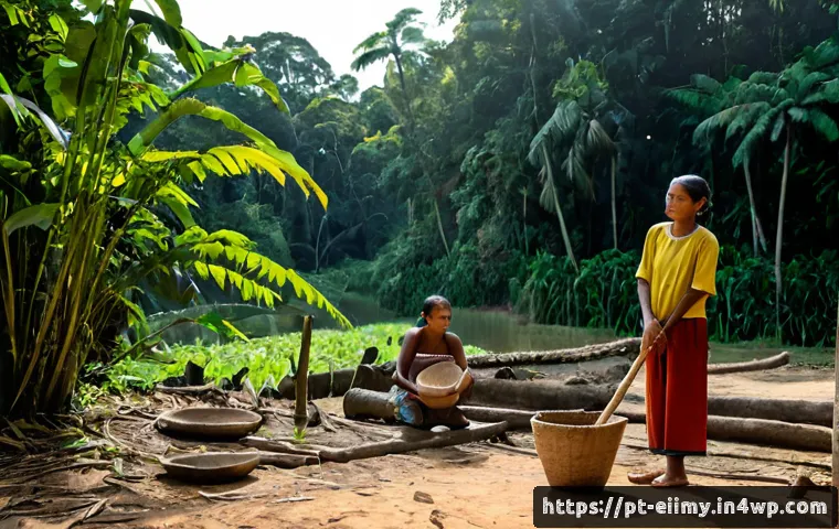 Home 30 원주민 생태지혜의 도구와 방법론 - Photorealistic documentary scene in the Brazilian Amazon at early morning, an Indigenous elder and a...