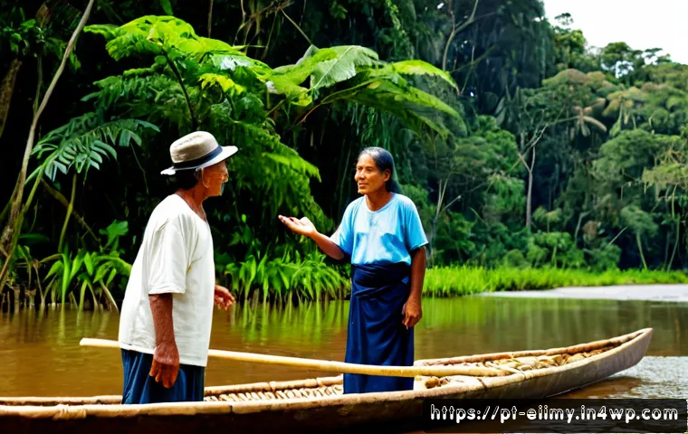 Home 17 원주민 생태지혜와 커뮤니케이션 - Photorealistic documentary-style scene in the Brazilian Amazon: an Indigenous elder and two younger ...