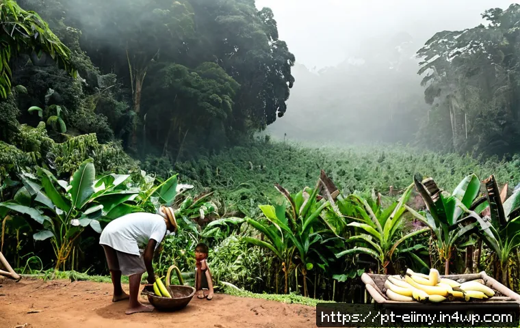 Home 17 원주민 생태지혜의 가치와 전통 - Photorealistic Amazon rainforest community garden in Brazil, Indigenous elders and younger family me...